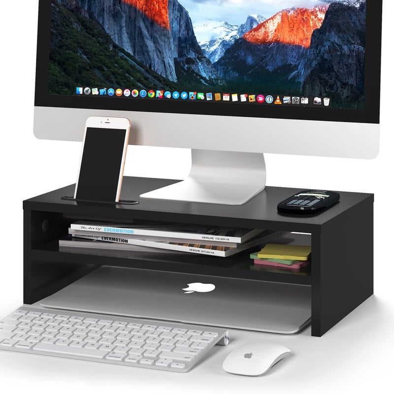 BONTEC Wooden Monitor Stand Riser, 2-Tier Desk Shelf with Storage Organizer, Ergonomic Computer Stand with Cable Management, Cellphone Holder, Black, 16.5 Inch - Image 1